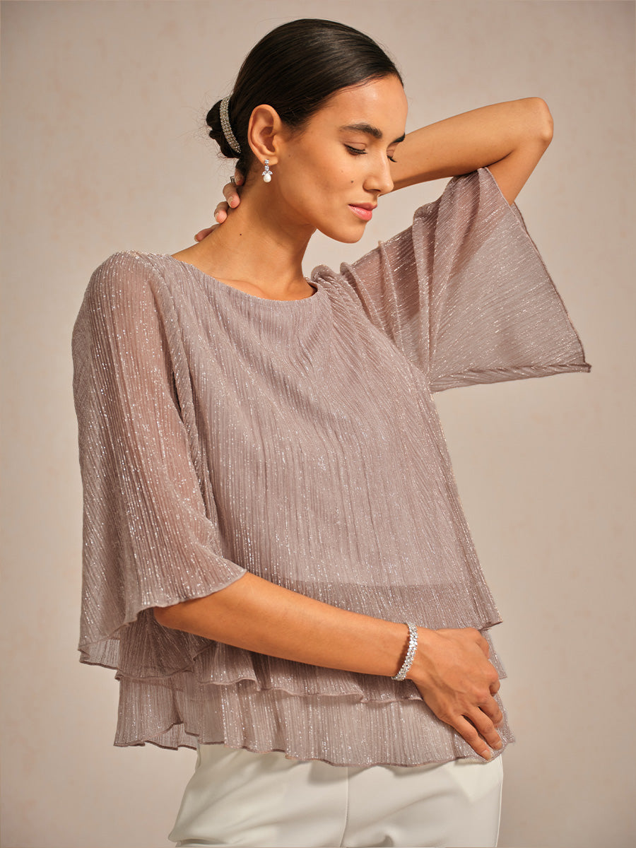 Metallic Pleated Chiffon Asymmetrical Layered Blouse