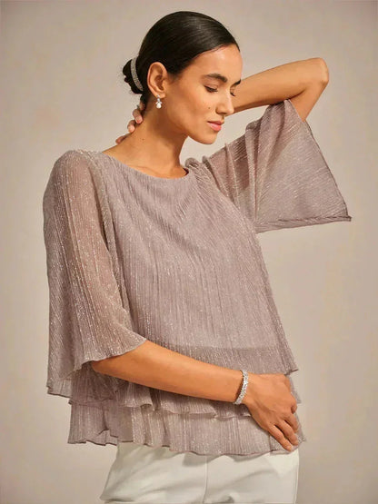 Metallic Pleated Chiffon Asymmetrical Layered Blouse