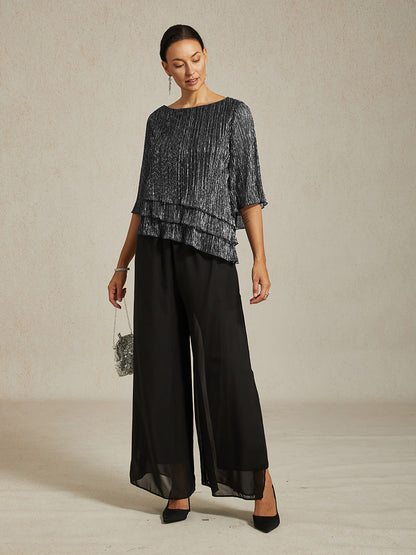 Metallic Pleated Chiffon Asymmetrical Layered Blouse
