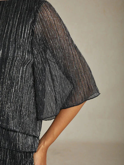 Metallic Pleated Chiffon Asymmetrical Layered Blouse