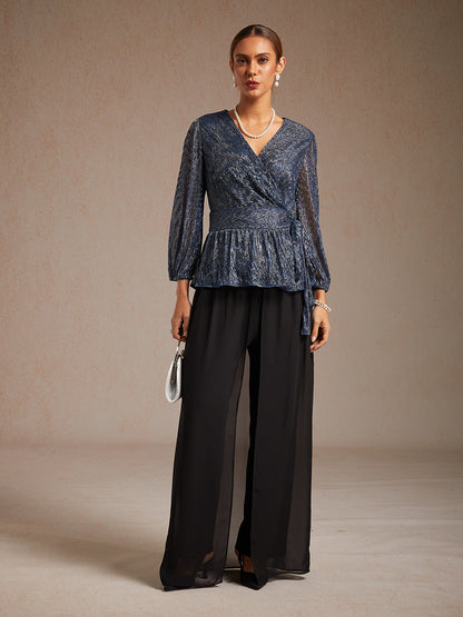 Metallic Pleated Chiffon Evening Wrap Top