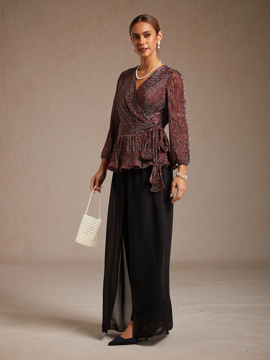 Metallic Pleated Chiffon Evening Wrap Top