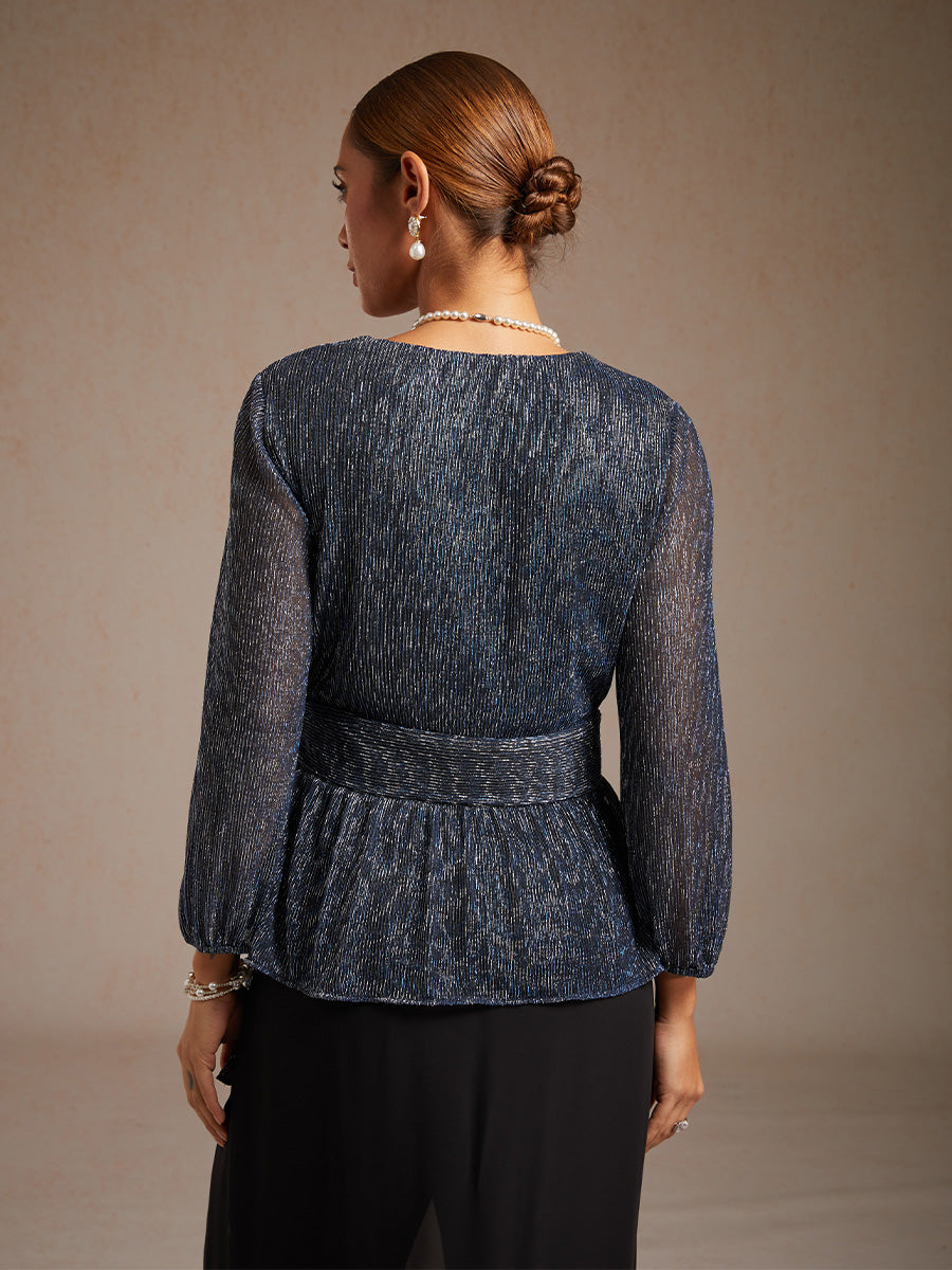 Metallic Pleated Chiffon Evening Wrap Top