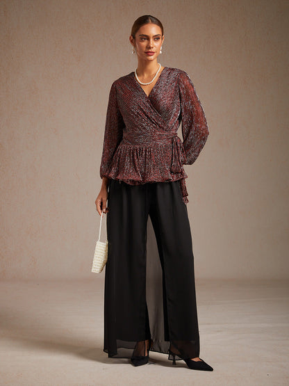 Metallic Pleated Chiffon Evening Wrap Top