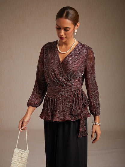 Metallic Pleated Chiffon Evening Wrap Top