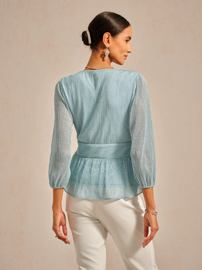 Metallic Pleated Chiffon Evening Wrap Top