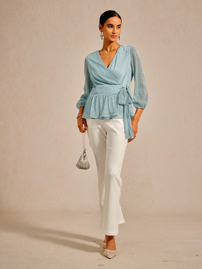 Metallic Pleated Chiffon Evening Wrap Top