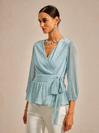 Metallic Pleated Chiffon Evening Wrap Top