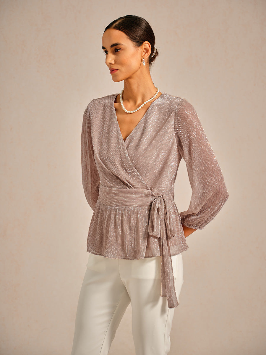 Metallic Pleated Chiffon Evening Wrap Top