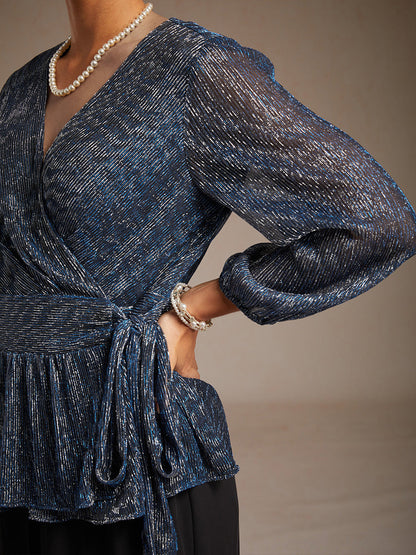 Metallic Pleated Chiffon Evening Wrap Top