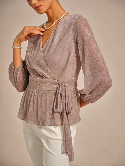 Metallic Pleated Chiffon Evening Wrap Top