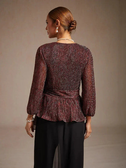 Metallic Pleated Chiffon Evening Wrap Top