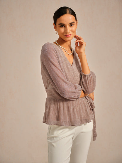 Metallic Pleated Chiffon Evening Wrap Top