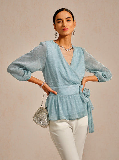 Metallic Pleated Chiffon Evening Wrap Top