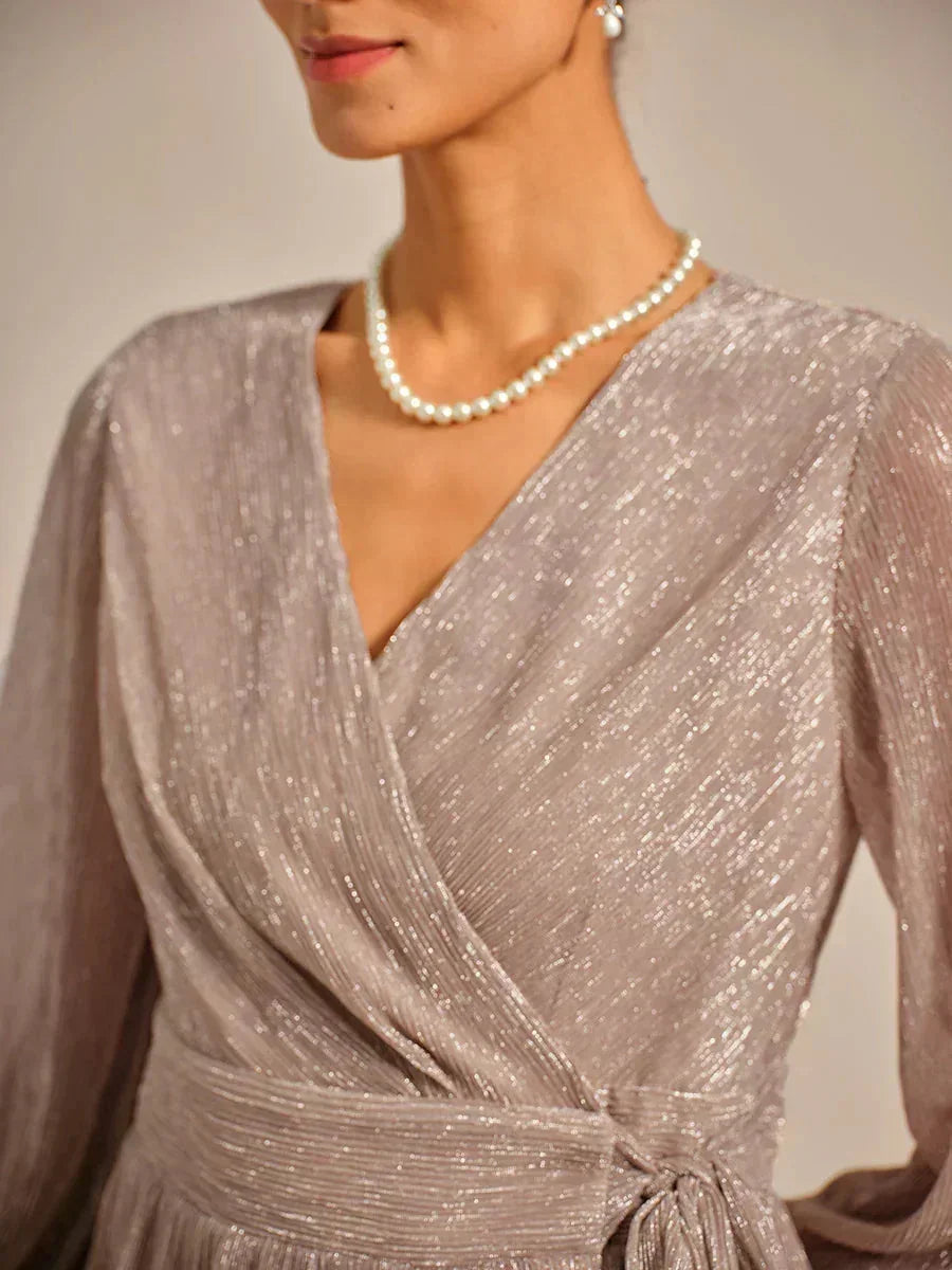 Metallic Pleated Chiffon Evening Wrap Top