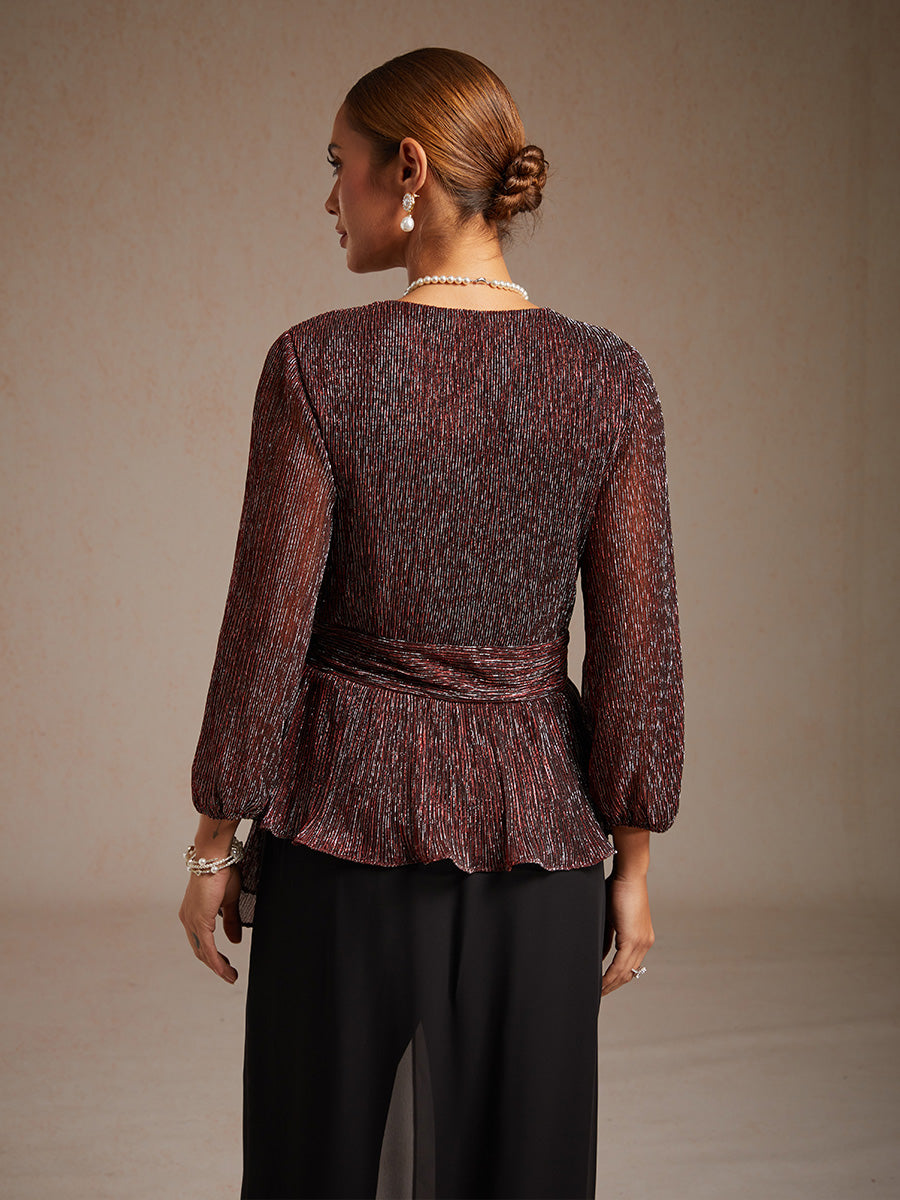 Metallic Pleated Chiffon Evening Wrap Top