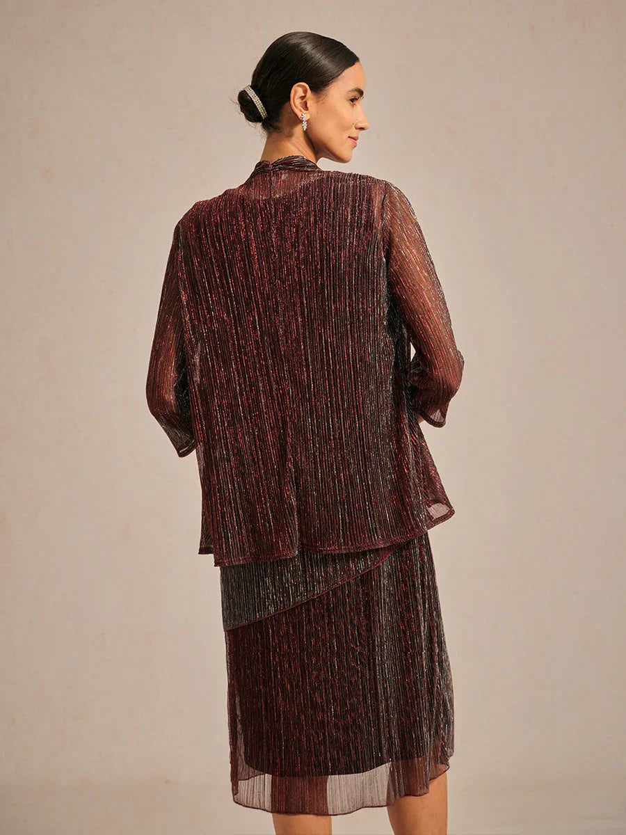 Metallic Pleated Chiffon Long Jacket with Layered Design