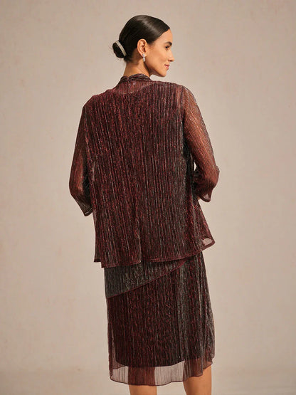 Metallic Pleated Chiffon Long Jacket with Layered Design
