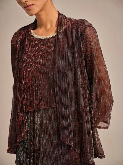 Metallic Pleated Chiffon Long Jacket with Layered Design