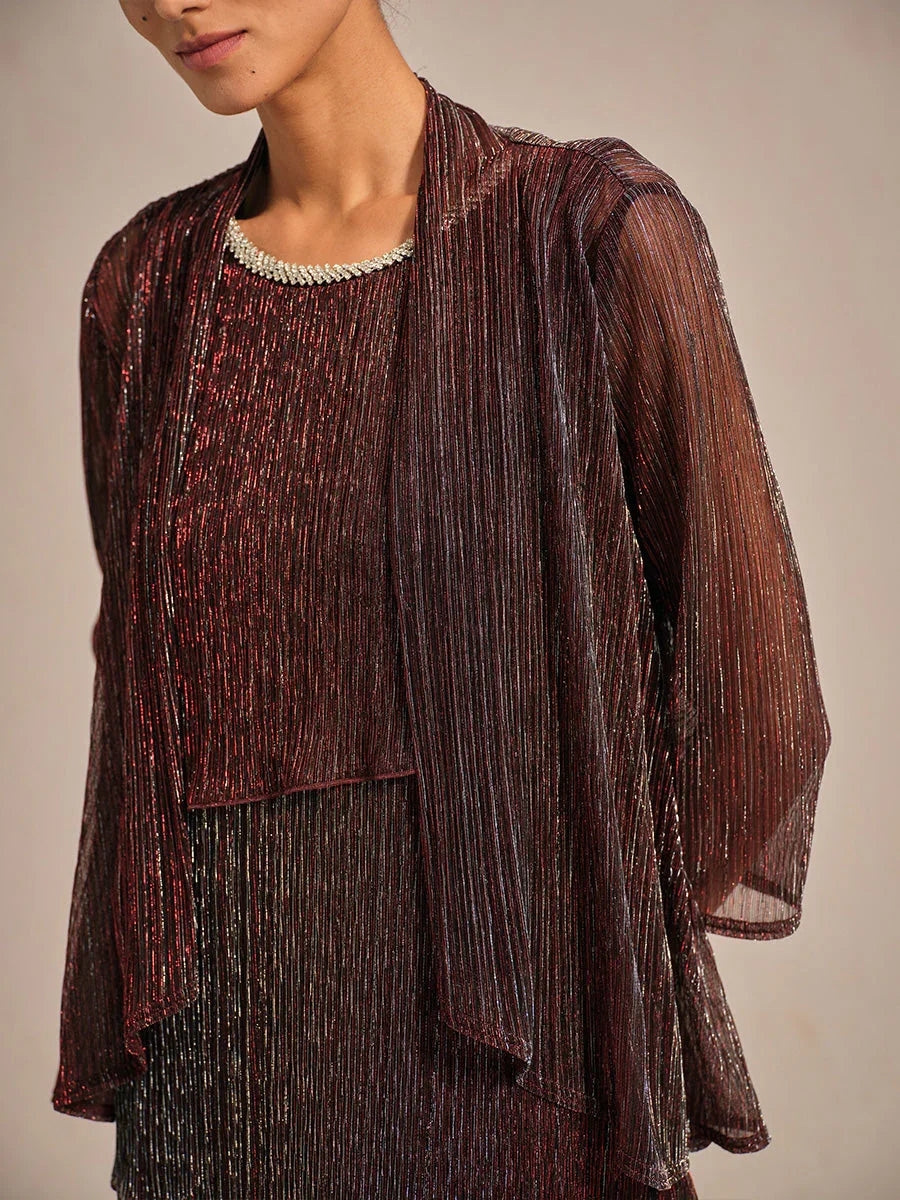 Metallic Pleated Chiffon Long Jacket with Layered Design