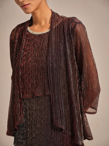 Metallic Pleated Chiffon Long Jacket with Layered Design
