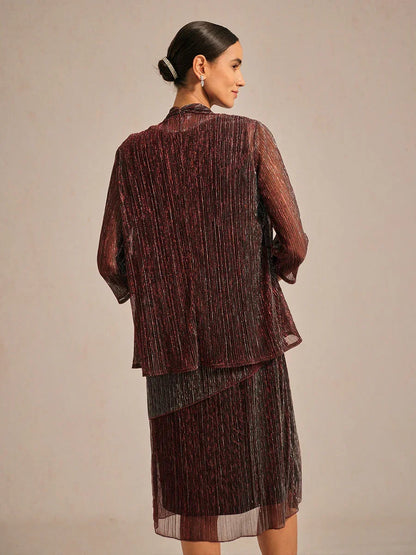 Metallic Pleated Chiffon Long Jacket with Layered Design