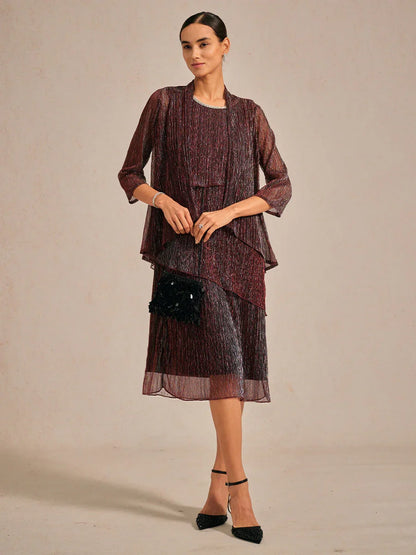 Metallic Pleated Chiffon Long Jacket with Layered Design