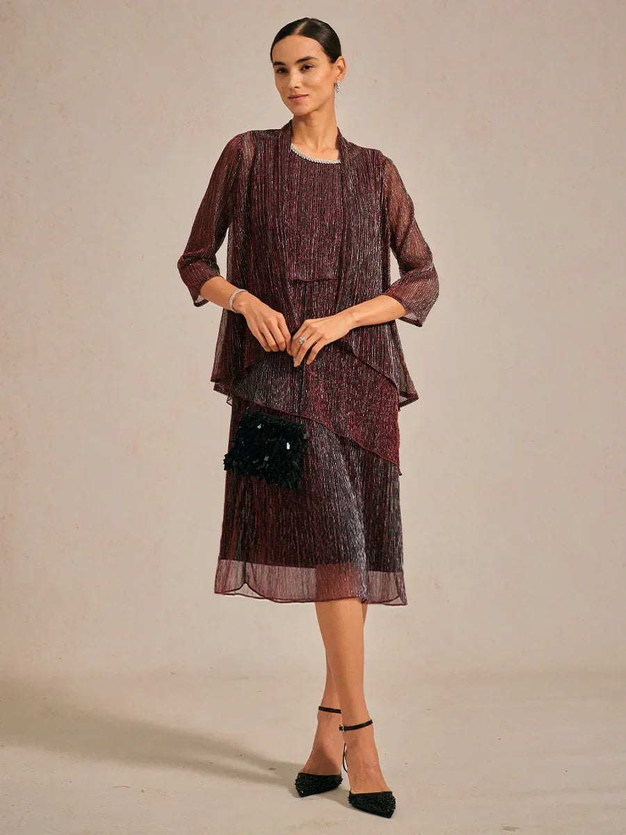 Metallic Pleated Chiffon Long Jacket with Layered Design