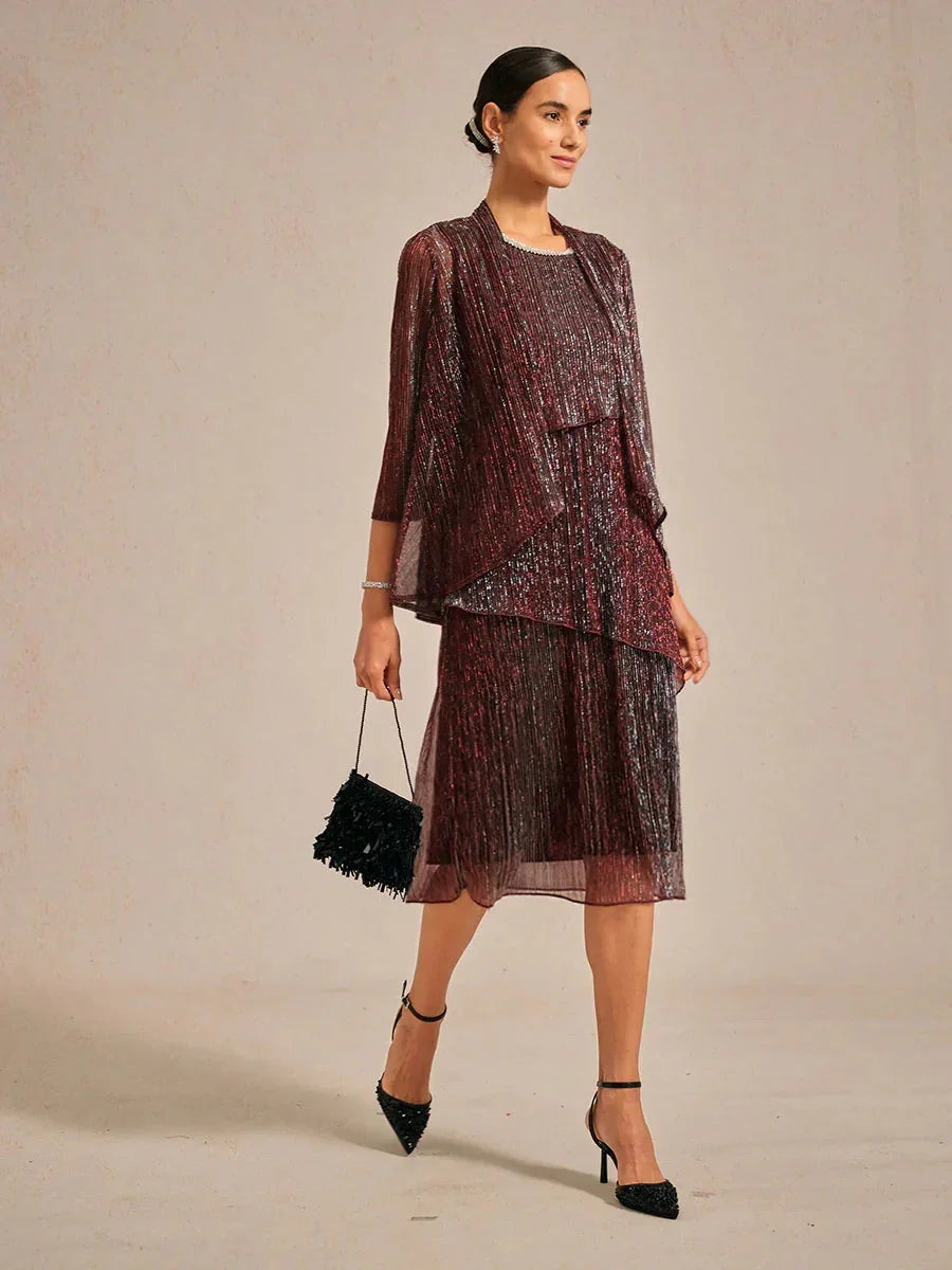 Metallic Pleated Chiffon Long Jacket with Layered Design msglamor Metallic Pleated Chiffon Long Jacket with Layered Design msglamor