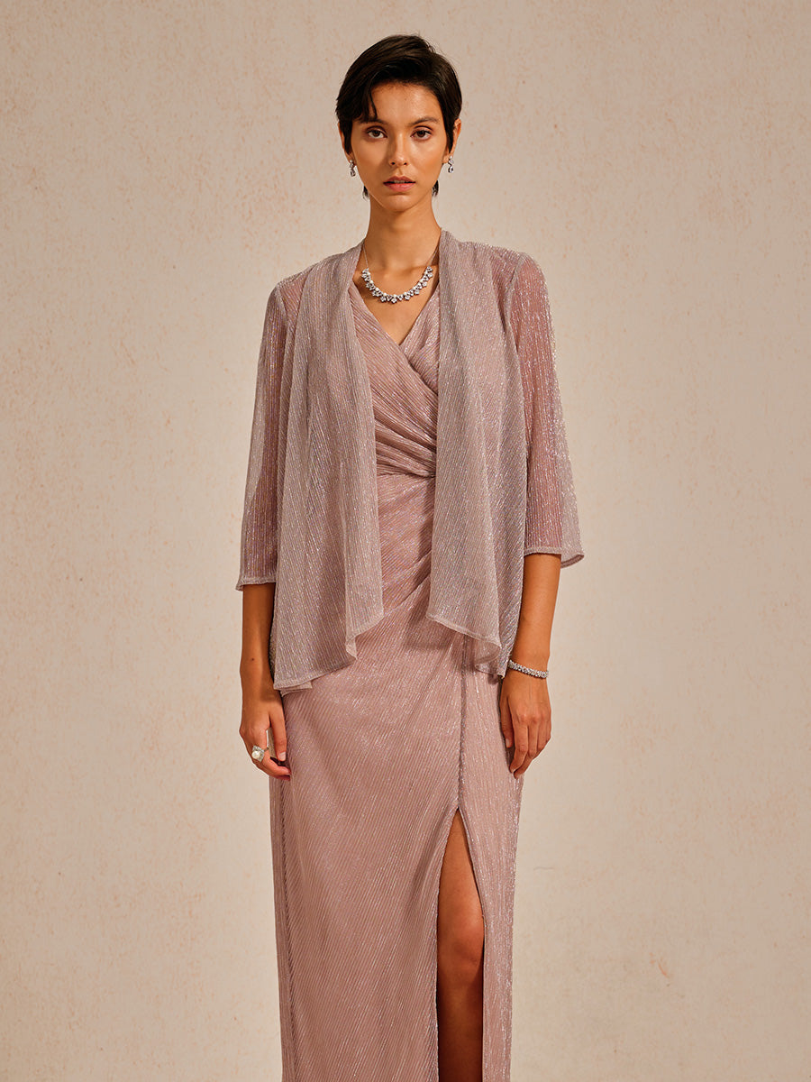 Metallic Pleated Chiffon Long Jacket with Layered Design