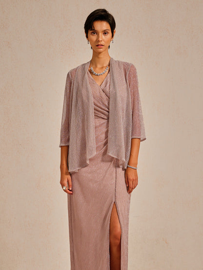Metallic Pleated Chiffon Long Jacket with Layered Design