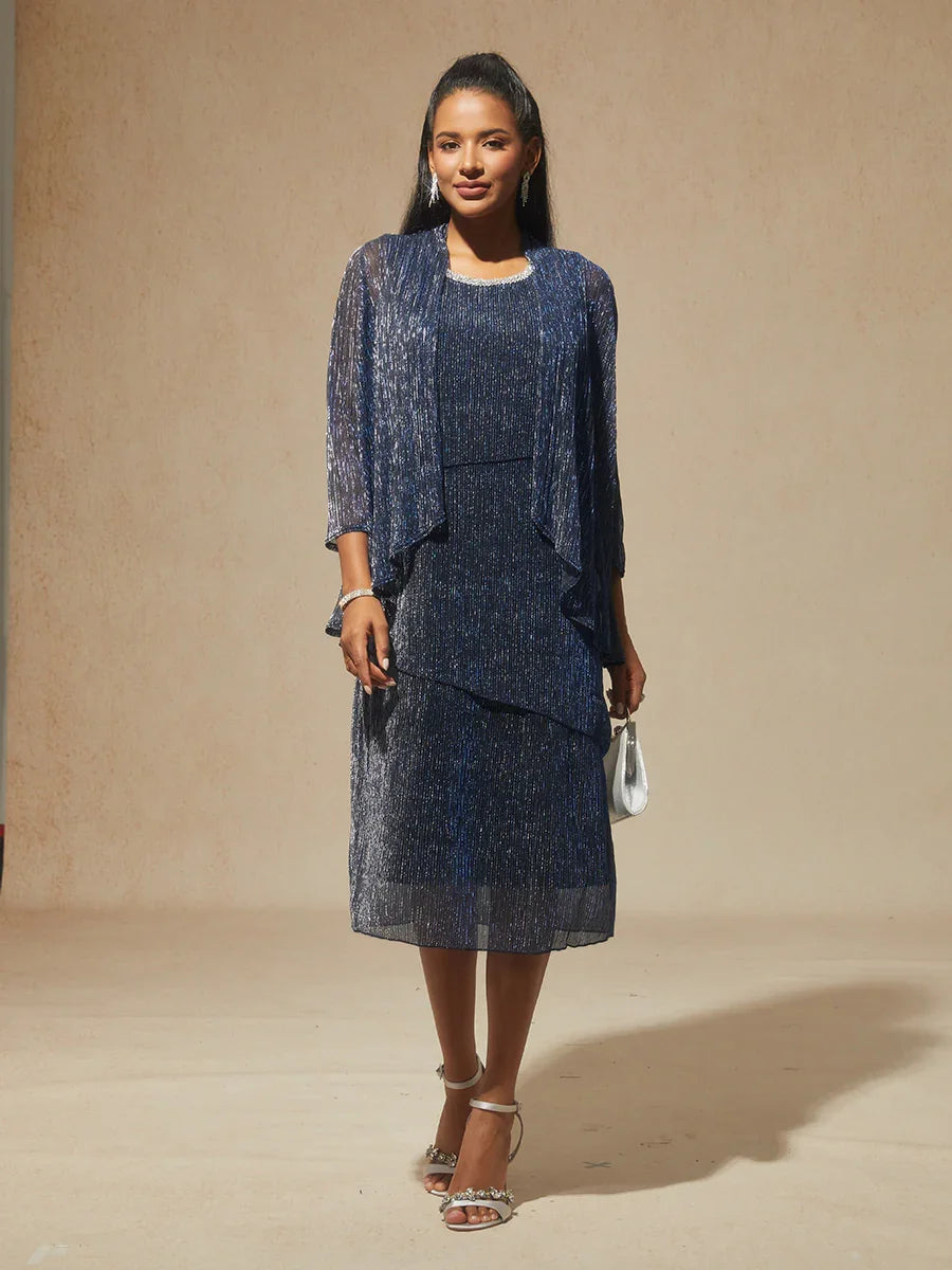 Metallic Pleated Chiffon Long Jacket with Layered Design