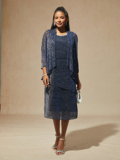 Metallic Pleated Chiffon Long Jacket with Layered Design