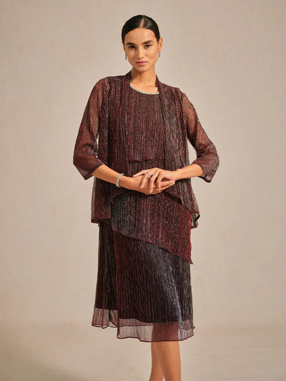 Metallic Pleated Chiffon Long Jacket with Layered Design