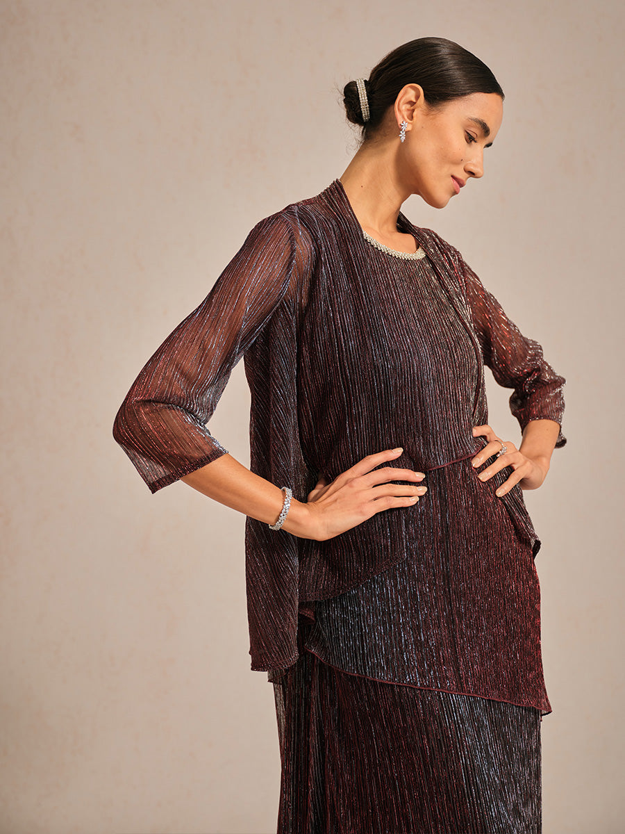 Metallic Pleated Chiffon Long Jacket with Layered Design