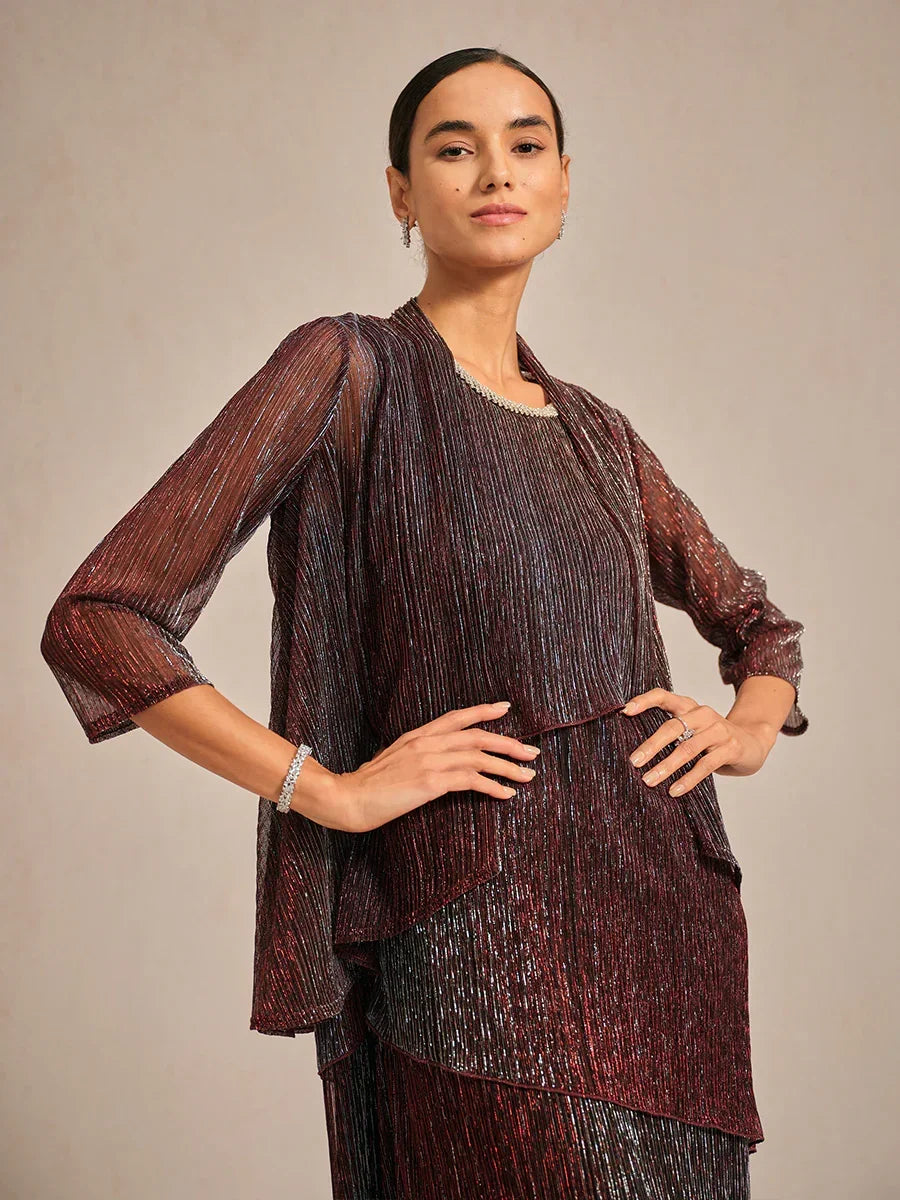 Metallic Pleated Chiffon Long Jacket with Layered Design