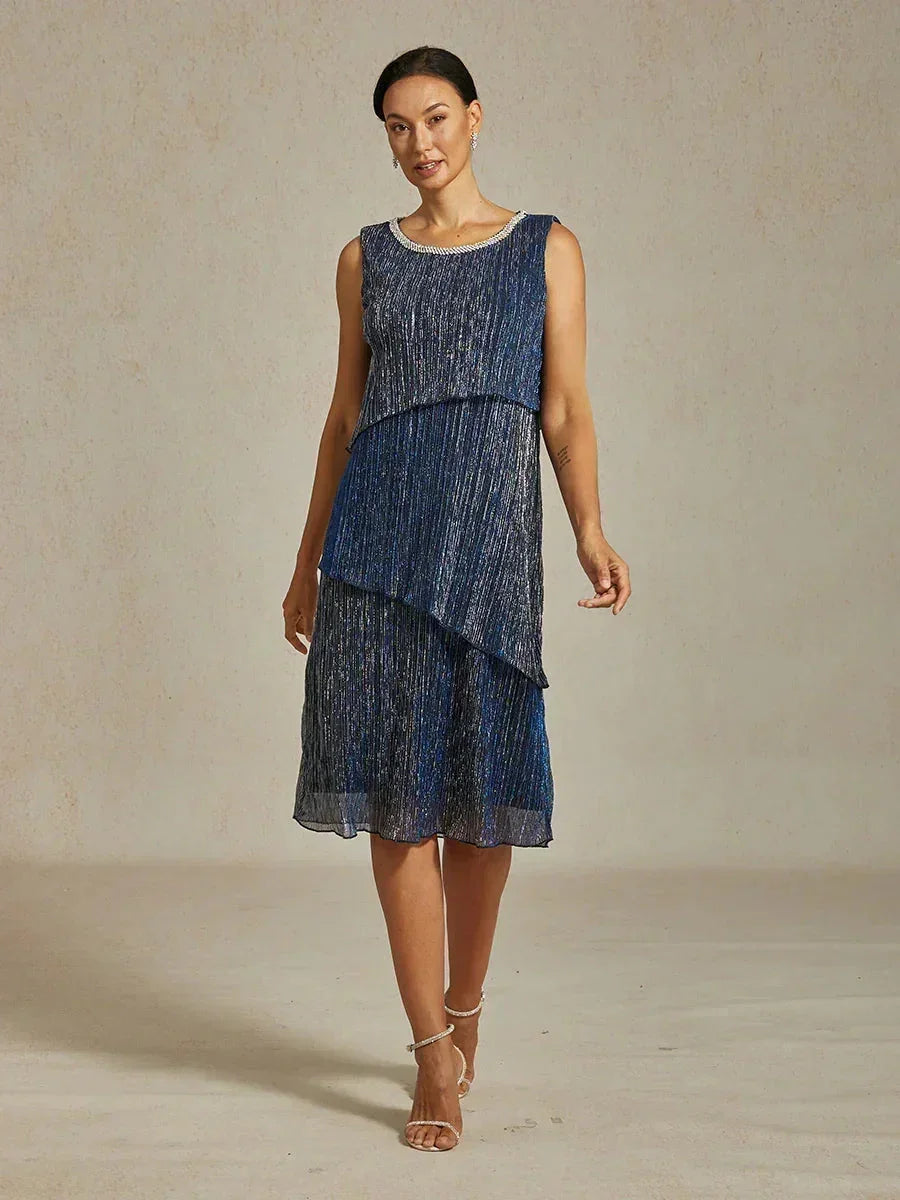 Metallic Pleated Chiffon Midi Dress with Beaded Round Neck – msglamor