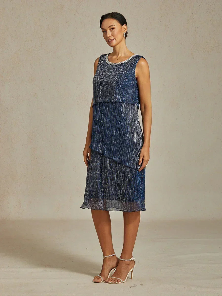 Metallic Pleated Chiffon Midi Dress with Beaded Round Neck