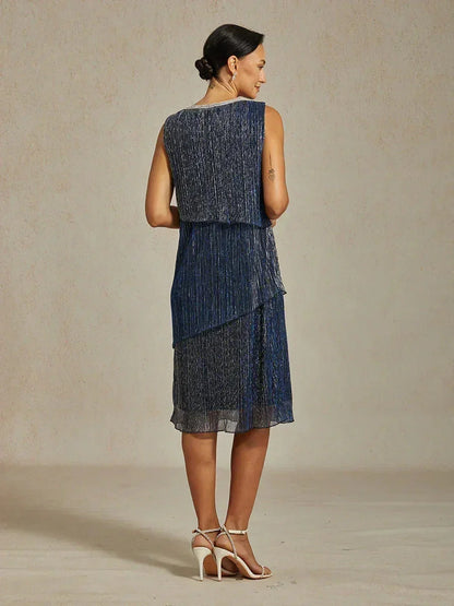 Metallic Pleated Chiffon Midi Dress with Beaded Round Neck