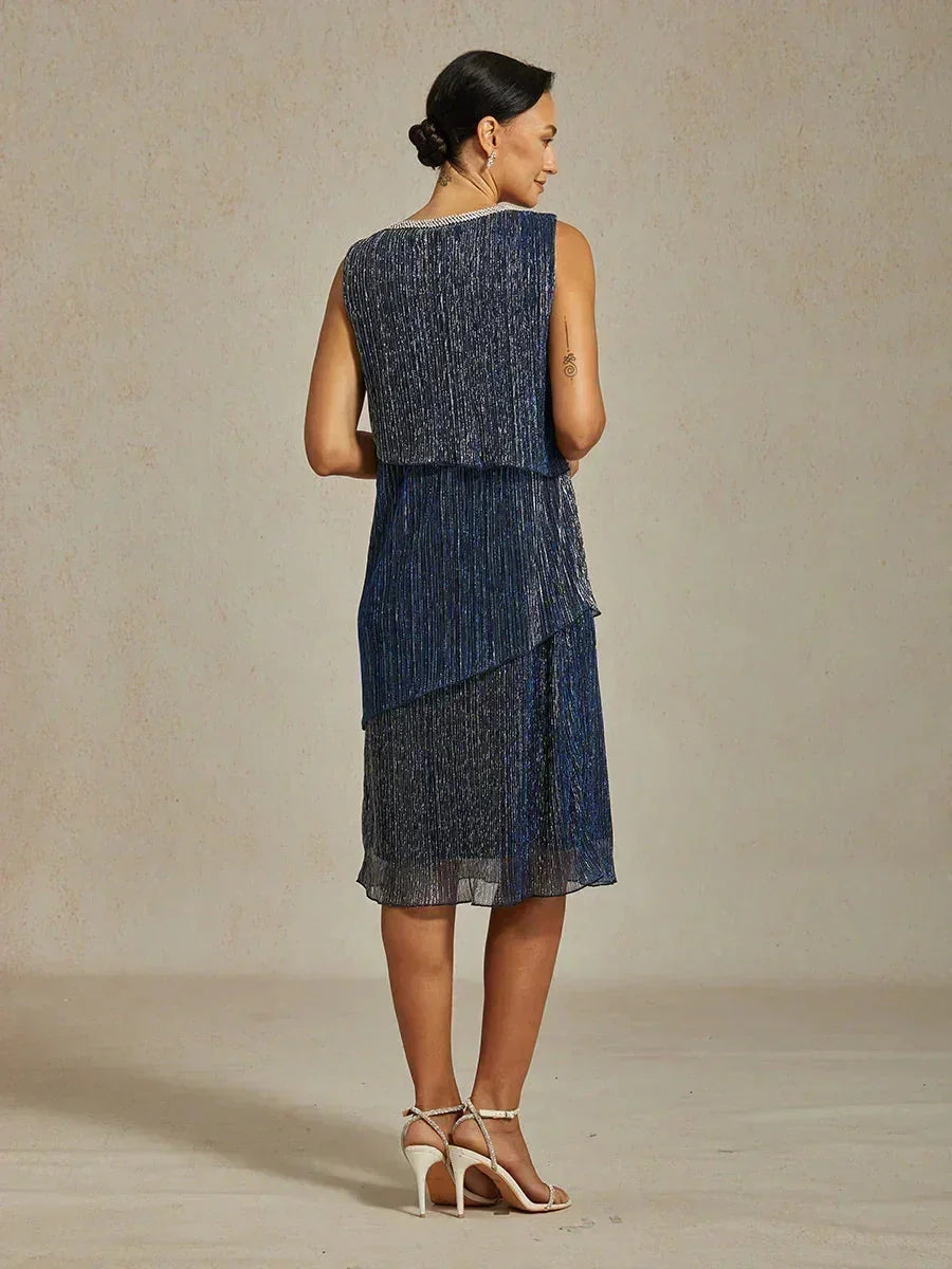 Metallic Pleated Chiffon Midi Dress with Beaded Round Neck