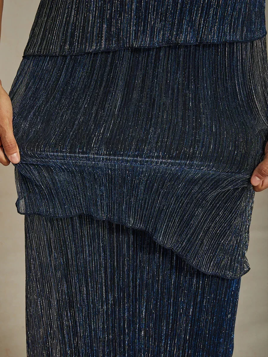 Metallic Pleated Chiffon Midi Dress with Beaded Round Neck