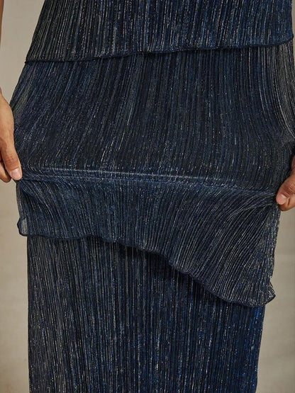 Metallic Pleated Chiffon Midi Dress with Beaded Round Neck