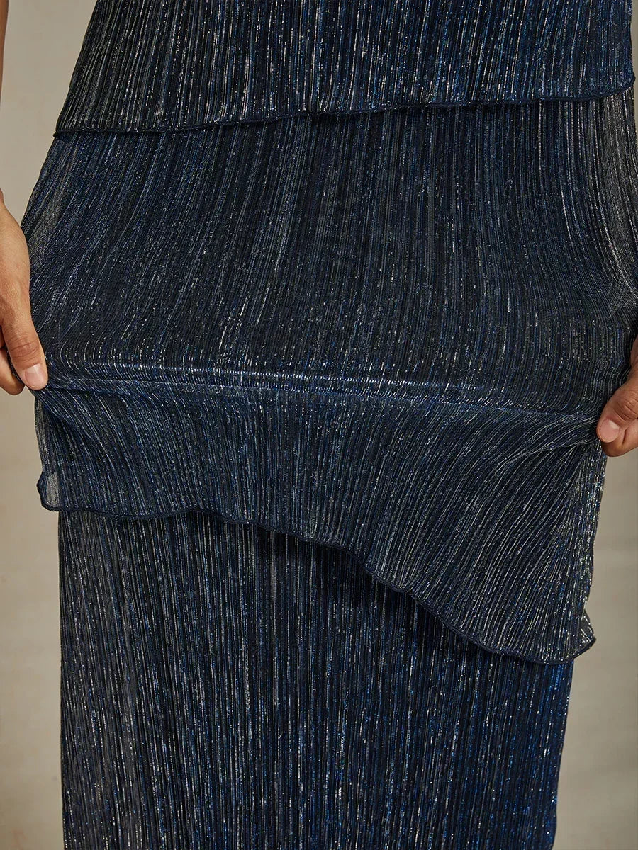 Metallic Pleated Chiffon Midi Dress with Beaded Round Neck