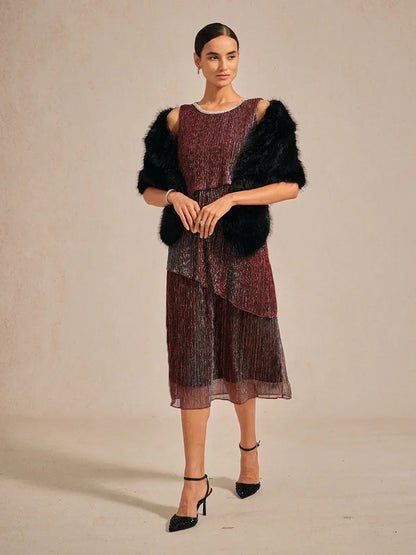 Metallic Pleated Chiffon Midi Dress with Beaded Round Neck