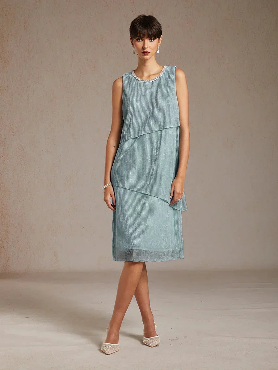 Metallic Pleated Chiffon Midi Dress with Beaded Round Neck