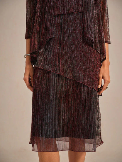 Metallic Pleated Chiffon Midi Dress with Beaded Round Neck