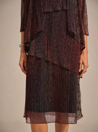 Metallic Pleated Chiffon Midi Dress with Beaded Round Neck