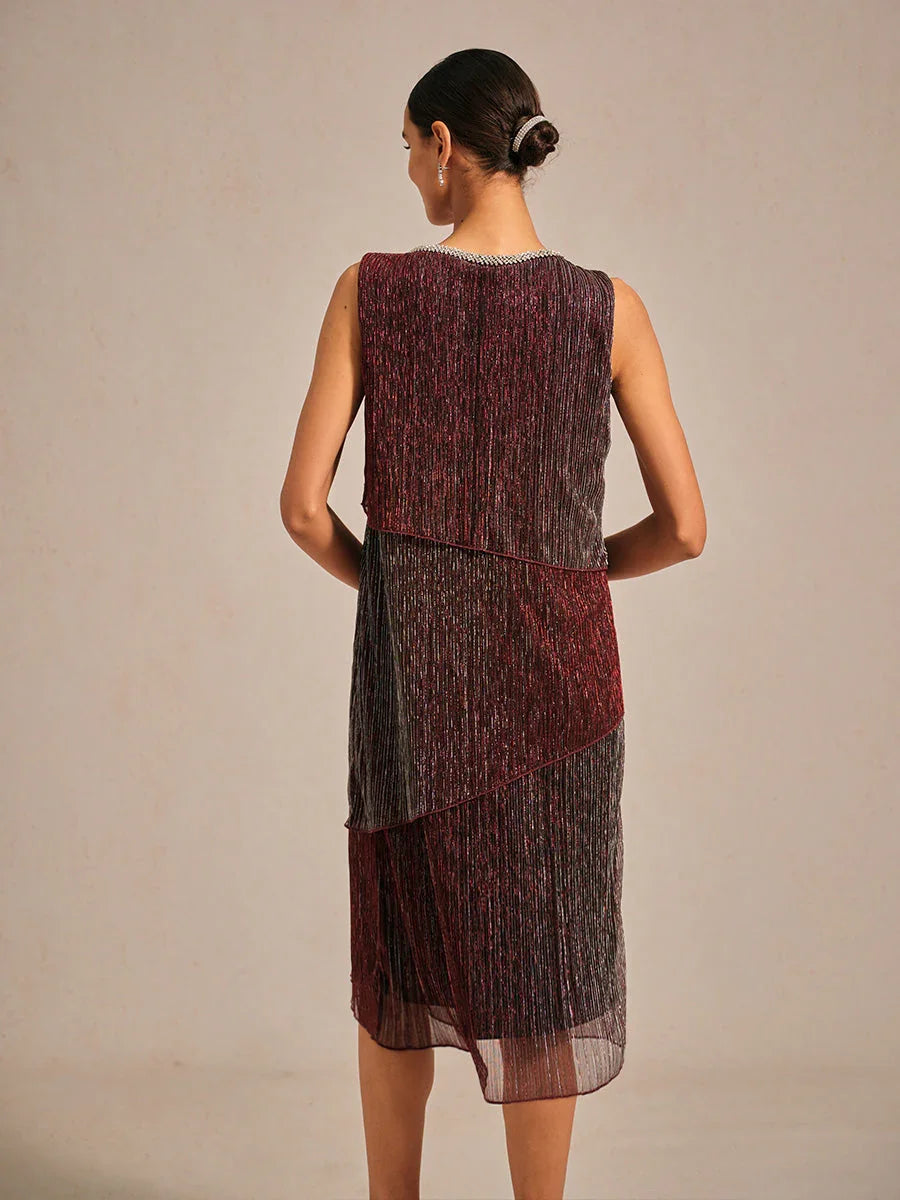 Metallic Pleated Chiffon Midi Dress with Beaded Round Neck