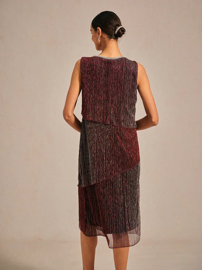 Metallic Pleated Chiffon Midi Dress with Beaded Round Neck