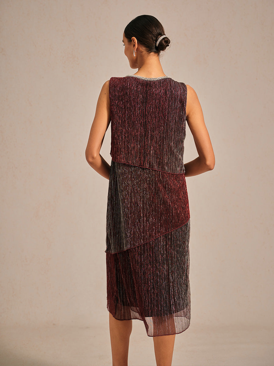 Metallic Pleated Chiffon Midi Dress with Beaded Round Neck